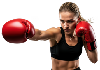 Woman boxer throwing a punch isolated on transparent background