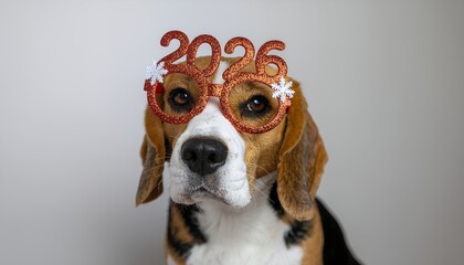 Charming beagle dog adorned with 2026 party glasses ready to celebrate
