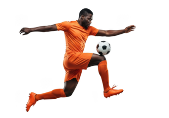Soccer player in orange uniform isolated on transparent background
