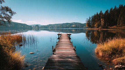 Rustic wooden pier stretching into a serene lake surrounded by lush forest.