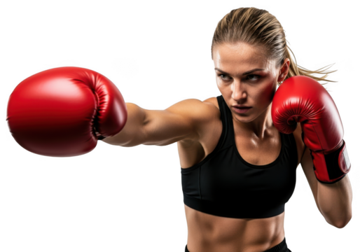 Woman boxer throwing a punch isolated on transparent background