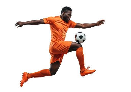 Soccer player in orange uniform isolated on transparent background