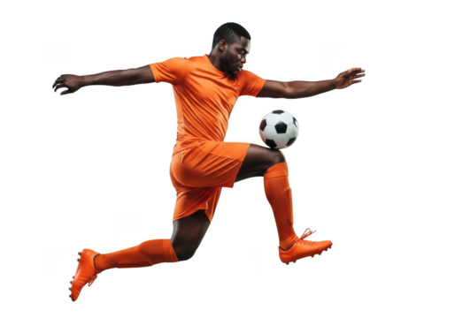 Soccer player in orange uniform isolated on transparent background