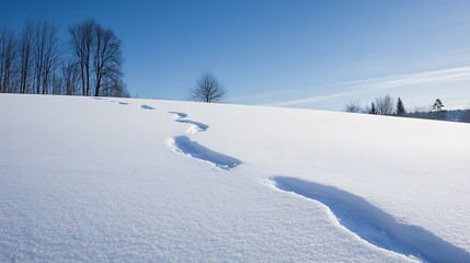 A snowy landscape under a blue sky, with tracks leading across a snow-covered hill. Trees are silhouetted in the distance. A peaceful, wintry scene.