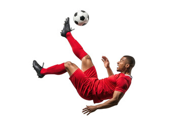 Soccer player performing a bicycle kick isolated on transparent background