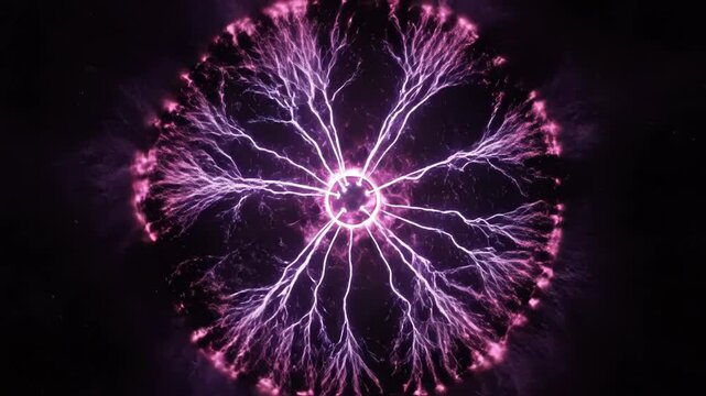 Abstract purple plasma ball with electrical discharge and lightning bolts radiating from a central sphere in dark space vector illustration