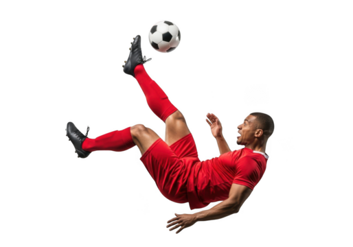 Soccer player performing a bicycle kick isolated on transparent background