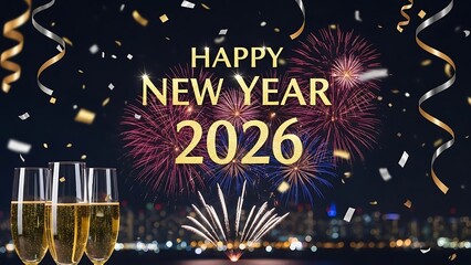 Happy new year 2026 celebration with champagne and fireworks over city skyline