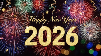 Vibrant new year s eve fireworks display with the year 2026 prominently displayed