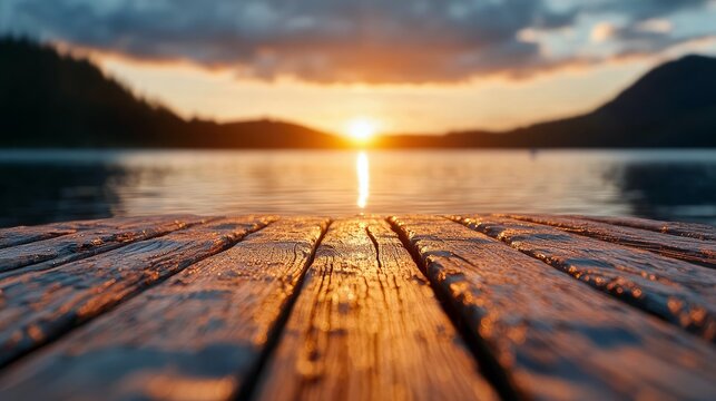 Close-up of a wooden pier extending into a calm lake at sunset. Mountains are visible in the background, with a warm, golden light. - Powered by Adobe