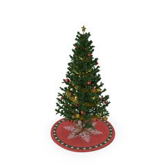 Festive christmas tree with red and gold decorations and skirt