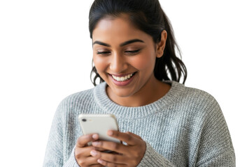 Young woman smiling while looking at her phone, isolated on transparent background
