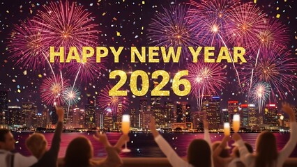 Spectacular new year 2026 fireworks display over a city skyline with silhouetted crowd