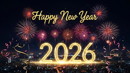 Bright golden 2026 numbers illuminated under festive fireworks display celebrating new year