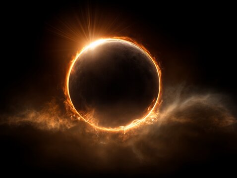 Mysterious dark planet with bright orange light and smoke on a black background. Concept for cosmic background, outer space and science fiction