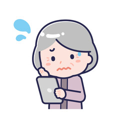 タブレットを使う「私服のシニア」の女性