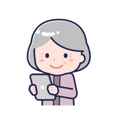 タブレットを使う「私服のシニア」の女性