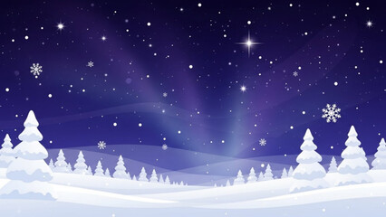 Naklejka premium Snowy winter wonderland scene with snowcovered trees under a starry night sky perfect for christmas cards and holiday backgrounds and festive designs