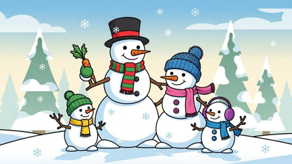 Cartoon snowman family enjoying winter in a snowy landscape with trees and snowflakes creating a festive holiday scene for christmas and new year celebrations