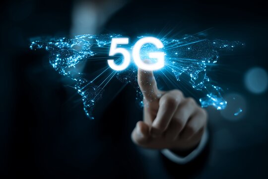 Close up of a businessman touching 5G technology on a glowing world map, concept for global communication, futuristic technology and digital transformation