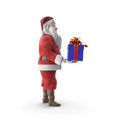 Santa claus delivering a wrapped gift box, full body side view 3d