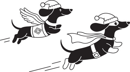 Dachshund Dog wear santa Claus Costumes Flying with a Cape. Christmas Holiday Clipart Line Art Vector Illustration Xmas. Wiener canine attire garb soar cloak