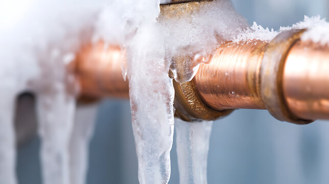 A close-up shows a copper pipe encased in ice, highlighting the impact of freezing temperatures on infrastructure. The sharp icicles create a visual of the cold damage.