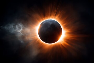 Naklejka premium Dramatic image of a total solar eclipse with bright orange light shining around it, concept for astrology, science and astronomy