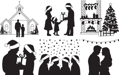 Elegant black and white silhouettes portraying diverse Christmas holiday activities, from church attendance to festive home decorations and family joy