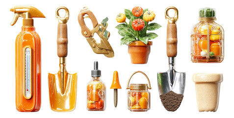Realistic 3D Illustration of Gardening Tools and Plant Care Accessories