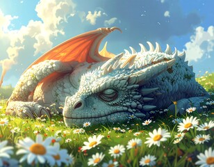 Gentle white dragon naps peacefully amidst wildflowers under a sunny sky