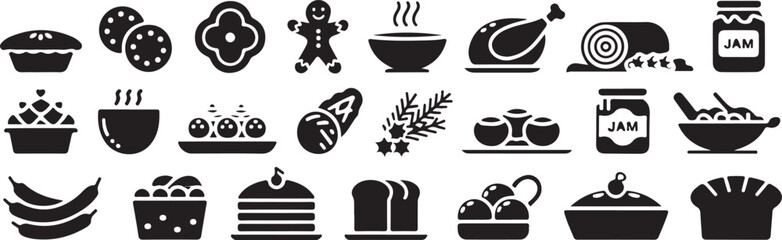 Festive black silhouettes of holiday treats on white background, concept of christmas food, new year dishes, culinary delights, gingerbread, pie, roast, dessert, icon, logo, design element