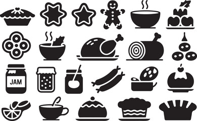 Festive black silhouettes of holiday treats on white background, concept of christmas food, new year dishes, culinary delights, gingerbread, pie, roast, dessert, icon, logo, design element