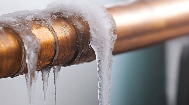 Close-up of a frozen metallic pipe with icicles, signifying a burst and a leak risk due to cold weather. Winter freeze can cause pipes to crack, leading to damage and costly repairs.