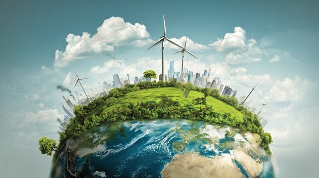 Visionary concept of a net-zero world, with a glowing green blueprint superimposed over a thriving Earth.