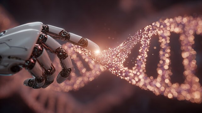 Close-up of a robot's hand interacting with a DNA strand made of light particles. Concept for genetic engineering, biotechnology research and AI development