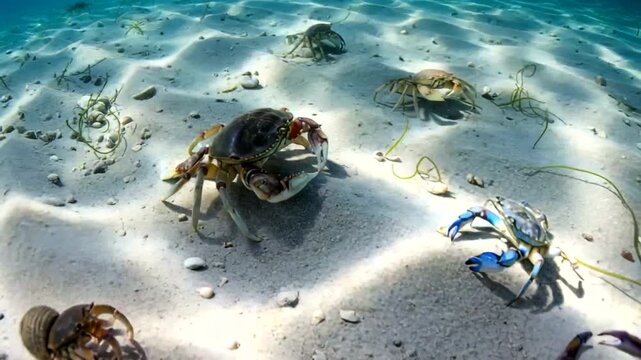 Enchanting underwater world featuring diverse crab species scurrying across sandy seabed in