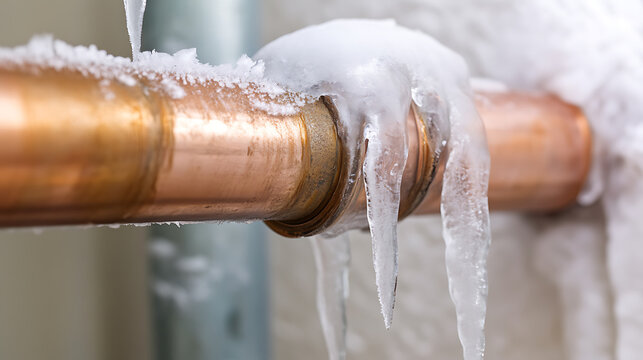 Close-up of a copper pipe is shown, frozen with ice and icicles. Extreme cold weather can cause water pipes to freeze, leading to costly damage to property and homes.