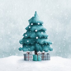 Naklejka premium Festive Christmas Tree with Gifts in Snowy Winter Scene