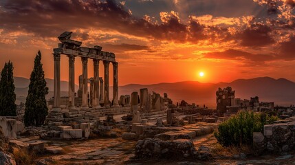 Fototapeta premium Dramatic sunset over ruins of ancient temple in Turkey, a landscape view with beautiful red sky and mountain. Concept for historical tourism, travel destination and cultural heritage