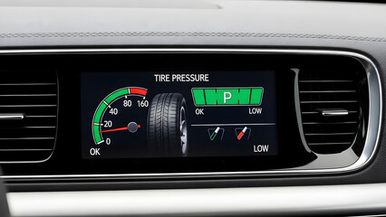 Tire Pressure Gauge Display in Car: A close-up shot of a car's dashboard displaying the tire pressure gauge with indicators for the pressure levels, informing about the condition of the tires.