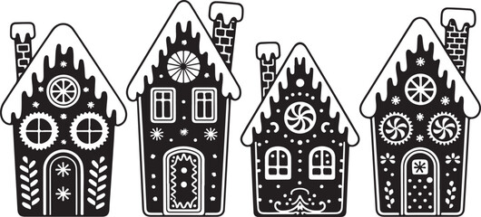Four decorative gingerbread houses in a row silhouette