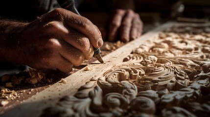 Close-up of craftsman's hands carving intricate floral pattern on wood with rotary tool. Concept for carpentry, woodworking and craftsmanship