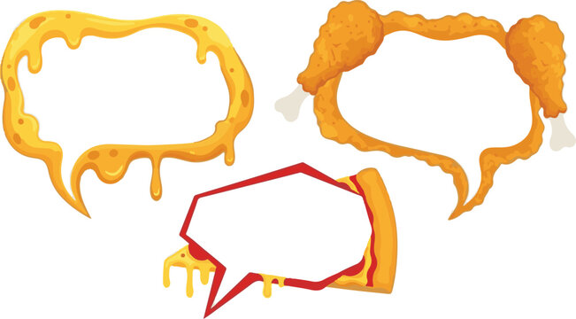 Cartoon food-themed speech bubbles with dripping cheese crispy fried chicken and cheesy pizza slice designs.