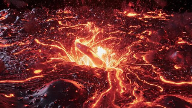 Abstract digital rendering of a massive volcanic eruption with bright orange and red glowing lava spreading across a dark landscape vector illustration