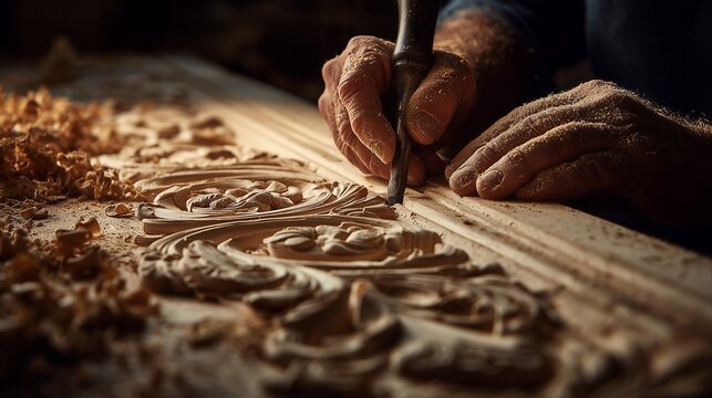 Close-up of carpenter's hands carving intricate wood design with chisel and shavings, concept for woodworking craftsmanship, furniture restoration and artisanal decor