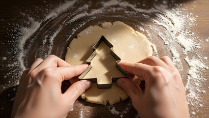Hands cutting out christmas tree cookies from dough on a floured wooden surface