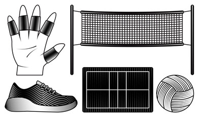 volleyball sport equipment volley hand drawn vector illustration set net court layout shoes and ball in vintage engraving style black and white woodcut design