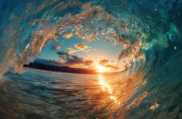 Inside a curling ocean wave at sunset, revealing a colorful sky and distant shore