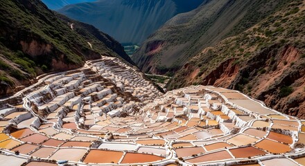 Panoramic view of the Maras Salt Mines in Peru, showcasing the intricate terraced salt ponds against a backdrop of mountains and valleys.